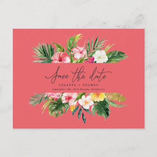 Tropical watercolor foliage script save the date announcement postcard