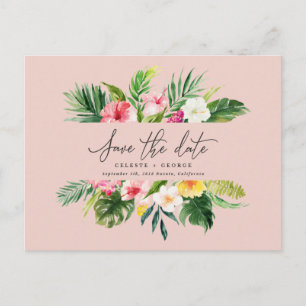 Tropical watercolor foliage script save the date announcement postcard