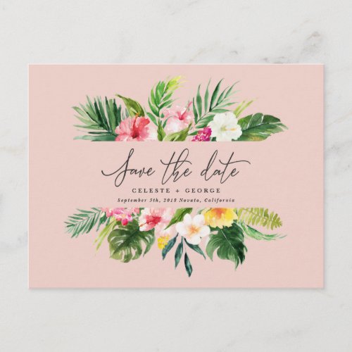 Tropical watercolor foliage script save the date announcement postcard