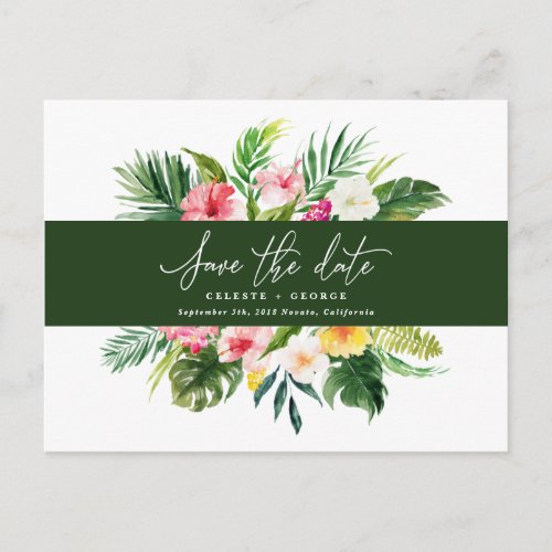 Tropical watercolor foliage script save the date announcement postcard
