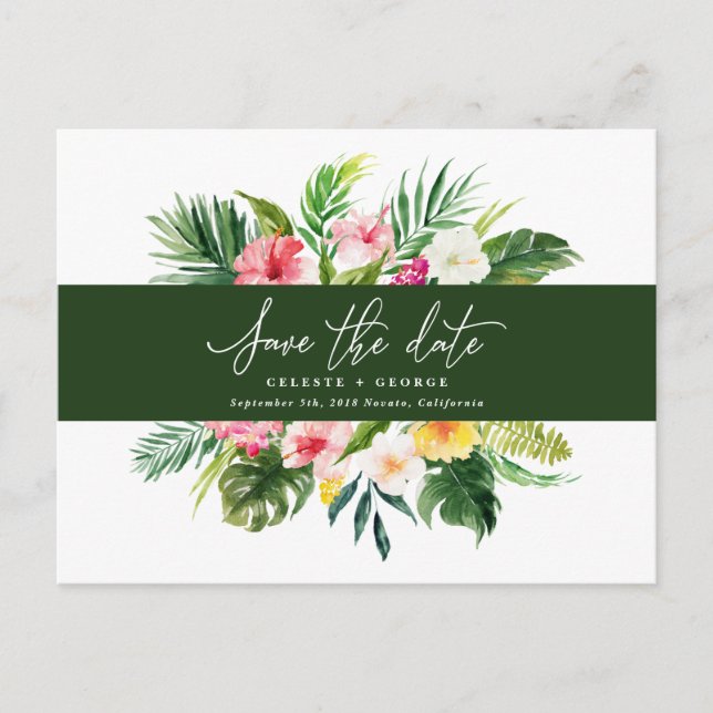 Tropical watercolor foliage script save the date announcement postcard (Front)