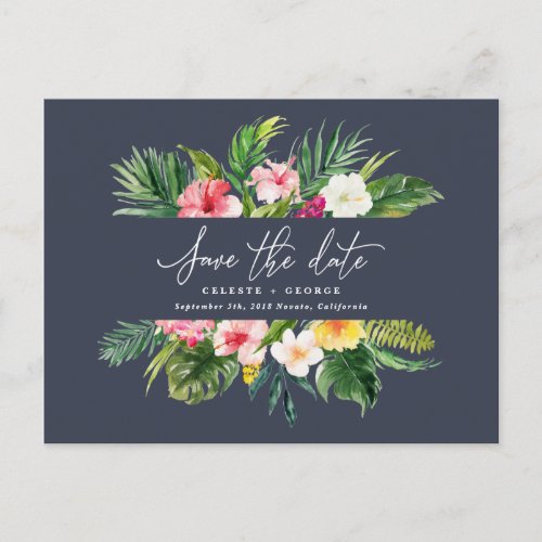 Tropical watercolor foliage script save the date announcement postcard