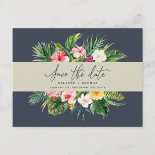 Tropical watercolor foliage script save the date announcement postcard