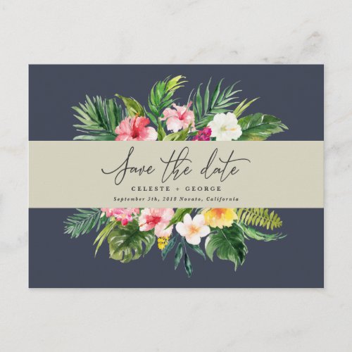 Tropical watercolor foliage script save the date announcement postcard