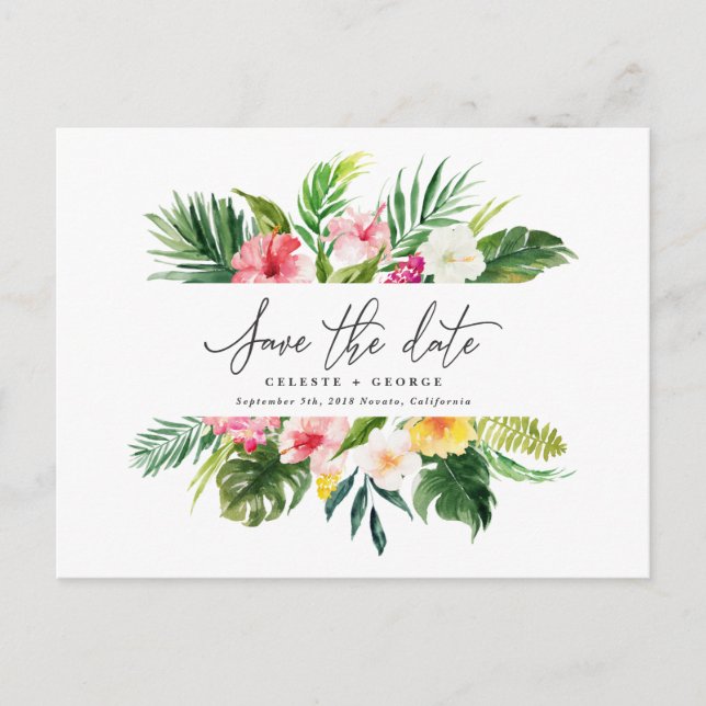 Tropical watercolor foliage script save the date announcement postcard (Front)