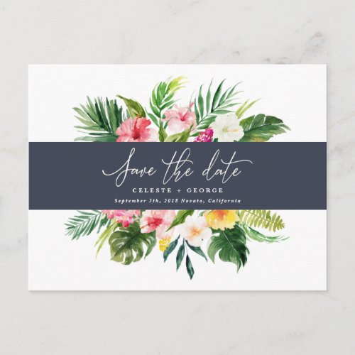 Tropical watercolor foliage script save the date announcement postcard