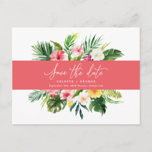 Tropical watercolor foliage script save the date announcement postcard