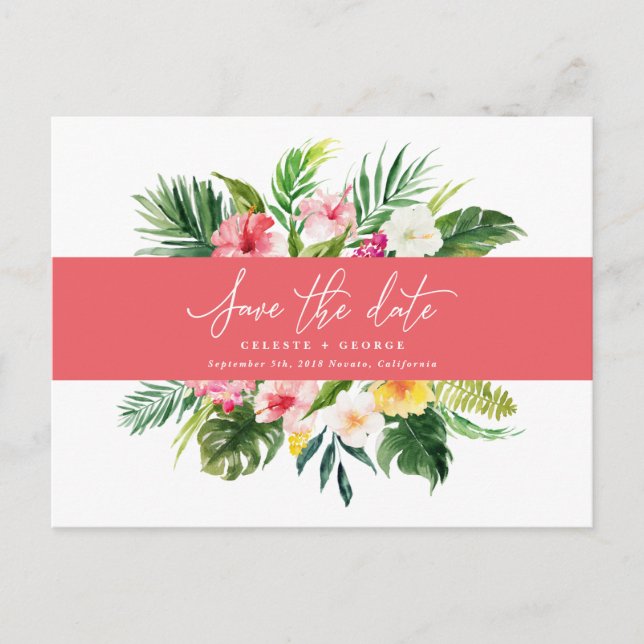 Tropical watercolor foliage script save the date announcement postcard (Front)