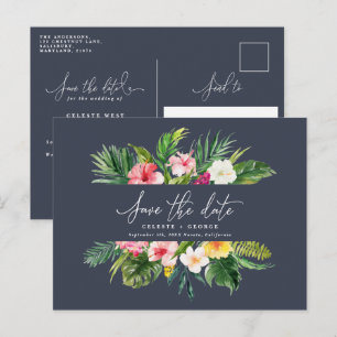 Tropical watercolor foliage script save the date announcement postcard