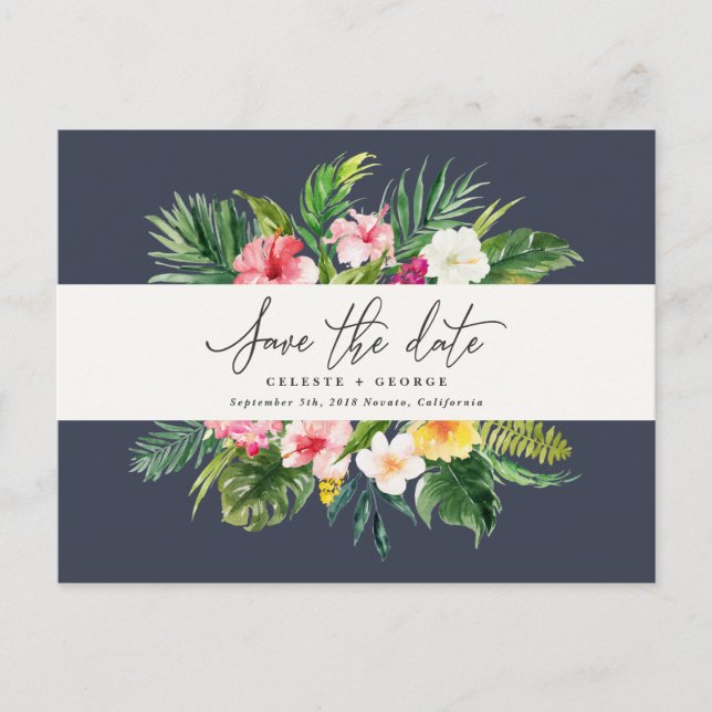 Tropical watercolor foliage script save the date announcement postcard (Front)