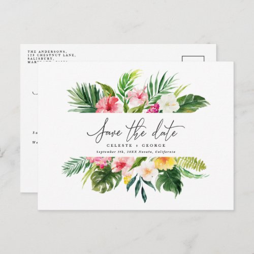 Tropical watercolor foliage script save the date announcement postcard