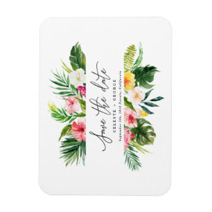 Tropical watercolor foliage script save the date magnet