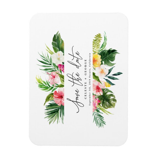 Tropical watercolor foliage script save the date magnet (Vertical)