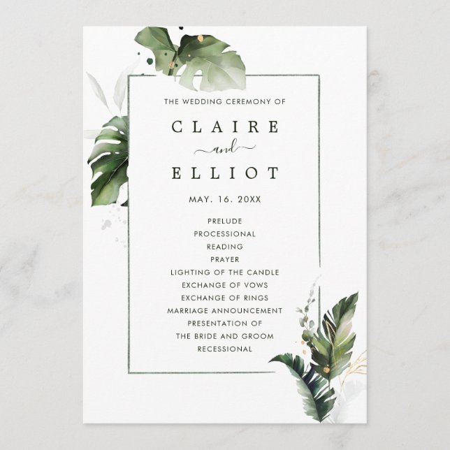 Tropical Watercolor Foliage Wedding Ceremony Program (Front)