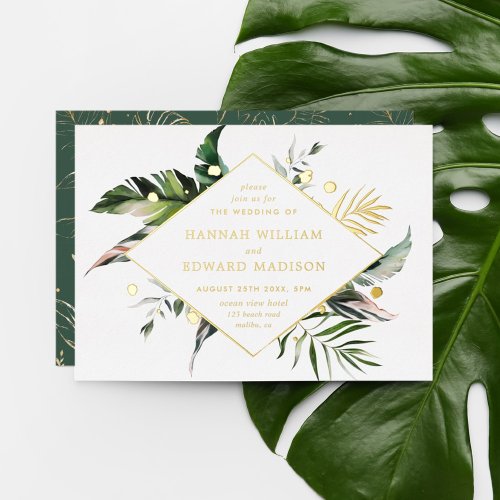 Tropical Watercolor Foliage Wedding Gold Foil Invitation