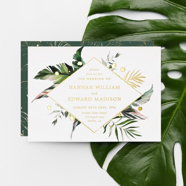 Tropical Watercolor Foliage Wedding Gold Foil Invitation (Creator Uploaded)