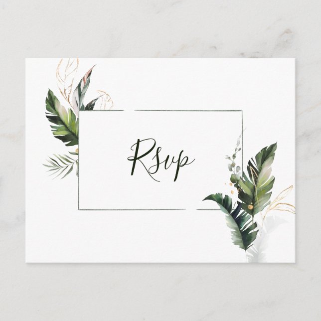 Tropical Watercolor Foliage Wedding RSVP Invitation Postcard (Front)