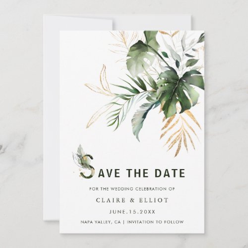 Tropical Watercolor Foliage Wedding Save the Date