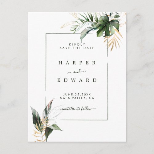 Tropical Watercolor Foliage Wedding Save the Date Announcement Postcard