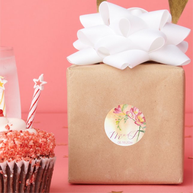 Tropical Watercolor Freesia Classic Round Sticker (Party)