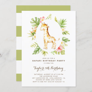 Tropical Watercolor Giraffe Safari Kids Birthday Invitation