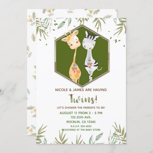 Tropical Watercolor Giraffe  Zebra Baby Shower Invitation