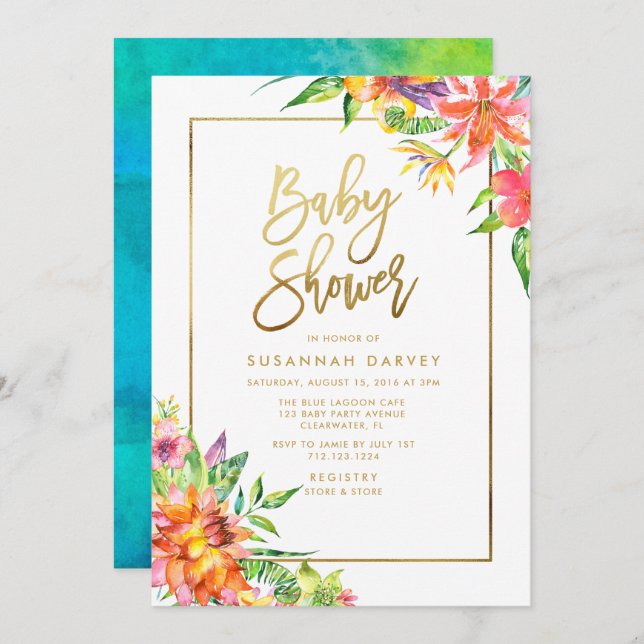 Tropical Watercolor GOLD Calligraphy Baby Shower Invitation (Front/Back)