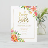 Tropical Watercolor GOLD Calligraphy Baby Shower Invitation (Standing Front)
