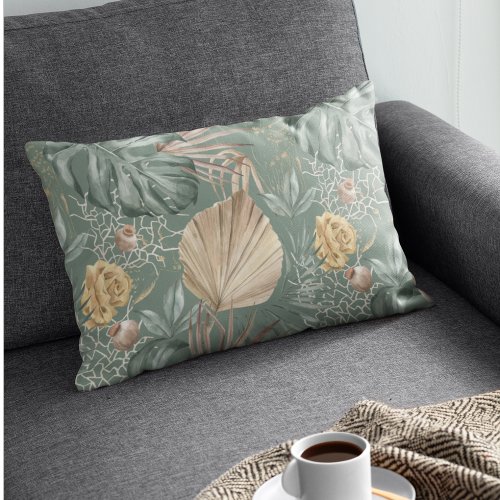 Tropical Watercolor Gold  Green Leaves Pattern  Accent Pillow
