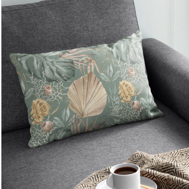 Tropical Watercolor Gold & Green Leaves Pattern  Accent Pillow (Creator Uploaded)