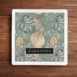 Tropical Watercolor Gold &amp; Green Leaves Pattern  Acrylic Tray