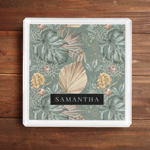Tropical Watercolor Gold  Green Leaves Pattern  Acrylic Tray