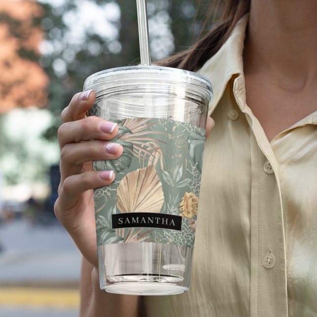 Tropical Watercolor Gold & Green Leaves Pattern  Acrylic Tumbler (Creator Uploaded)