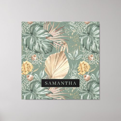 Tropical Watercolor Gold  Green Leaves Pattern  Canvas Print