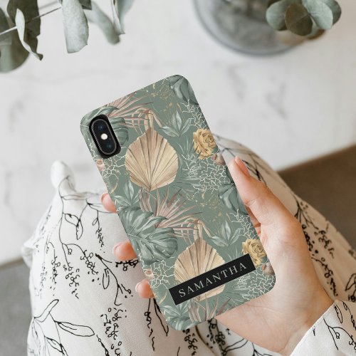 Tropical Watercolor Gold  Green Leaves Pattern  iPhone XS Max Case