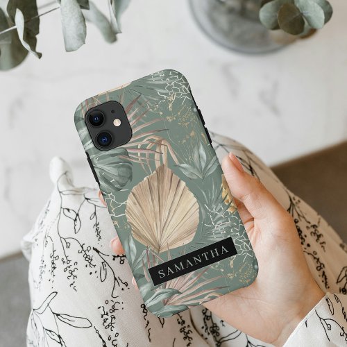 Tropical Watercolor Gold  Green Leaves Pattern  iPhone 11 Case