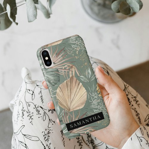 Tropical Watercolor Gold  Green Leaves Pattern  iPhone XS Case