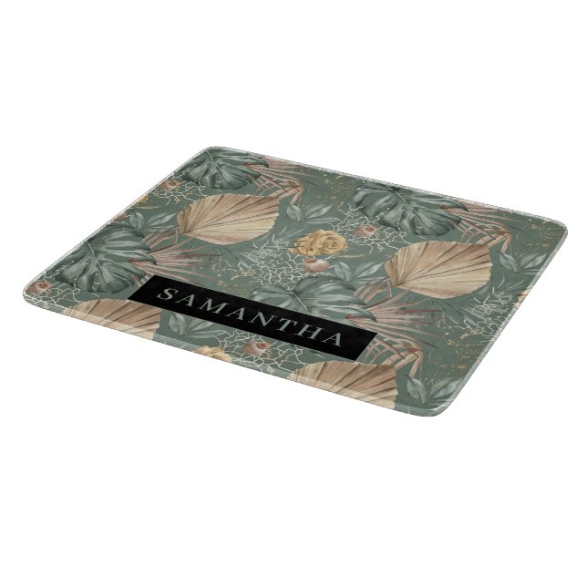 Discover Tropical Watercolor Gold & Green Leaves Pattern  Cutting Board