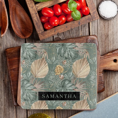 Tropical Watercolor Gold  Green Leaves Pattern  Cutting Board