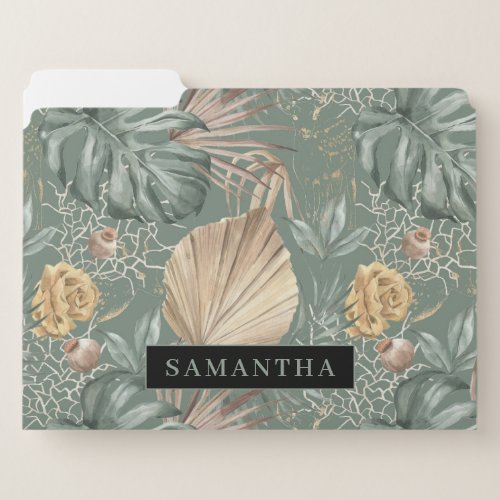 Tropical Watercolor Gold  Green Leaves Pattern  File Folder