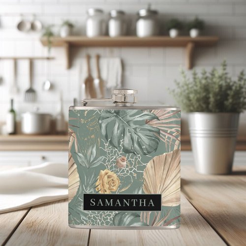 Tropical Watercolor Gold  Green Leaves Pattern  Flask