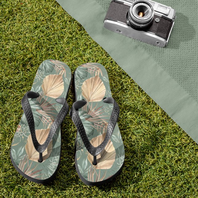 Tropical Watercolor Gold & Green Leaves Pattern  Flip Flops (Creator Uploaded)