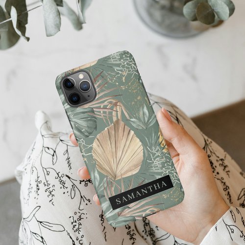 Tropical Watercolor Gold  Green Leaves Pattern  iPhone 11Pro Max Case