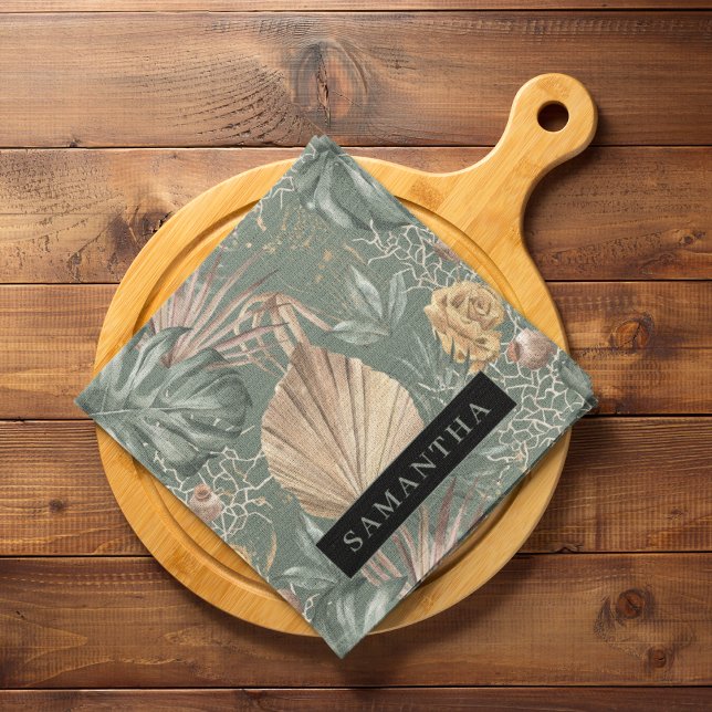 Tropical Watercolor Gold & Green Leaves Pattern  Kitchen Towel (Creator Uploaded)