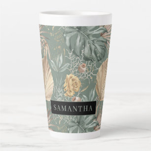 Tropical Watercolor Gold & Green Leaves Pattern Latte Mug