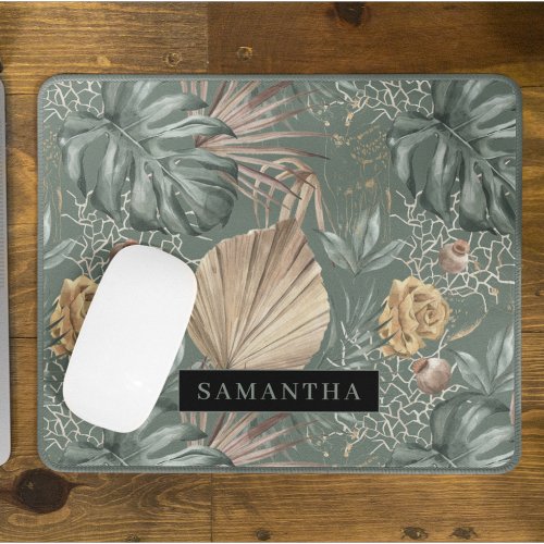 Tropical Watercolor Gold  Green Leaves Pattern  Mouse Pad