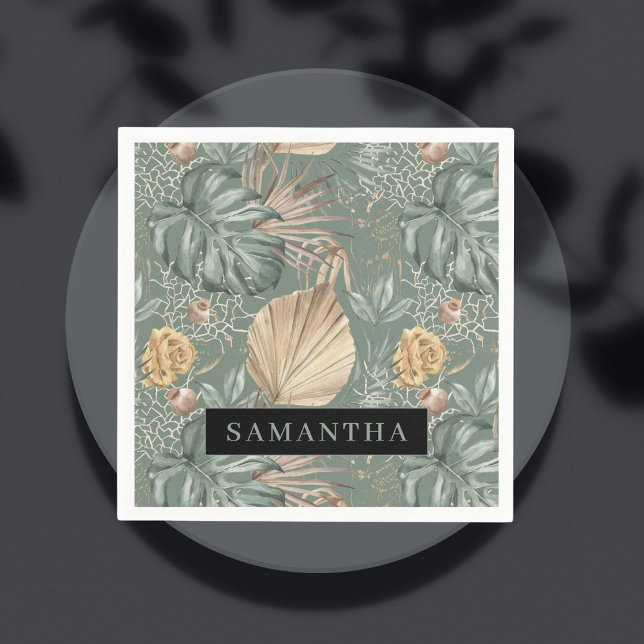 Tropical Watercolor Gold & Green Leaves Pattern  Napkins (Creator Uploaded)