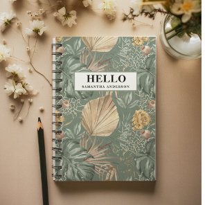 Tropical Watercolor Gold & Green Leaves Pattern Notebook