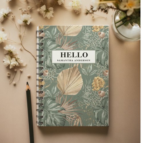 Tropical Watercolor Gold  Green Leaves Pattern  Notebook