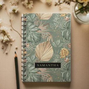 Tropical Watercolor Gold & Green Leaves Pattern  Notebook